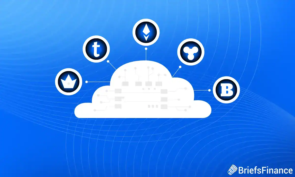 A cloud graphic connected to five cryptocurrency and digital platform logos on a blue background, with a BriefsFinance watermark in the corner.