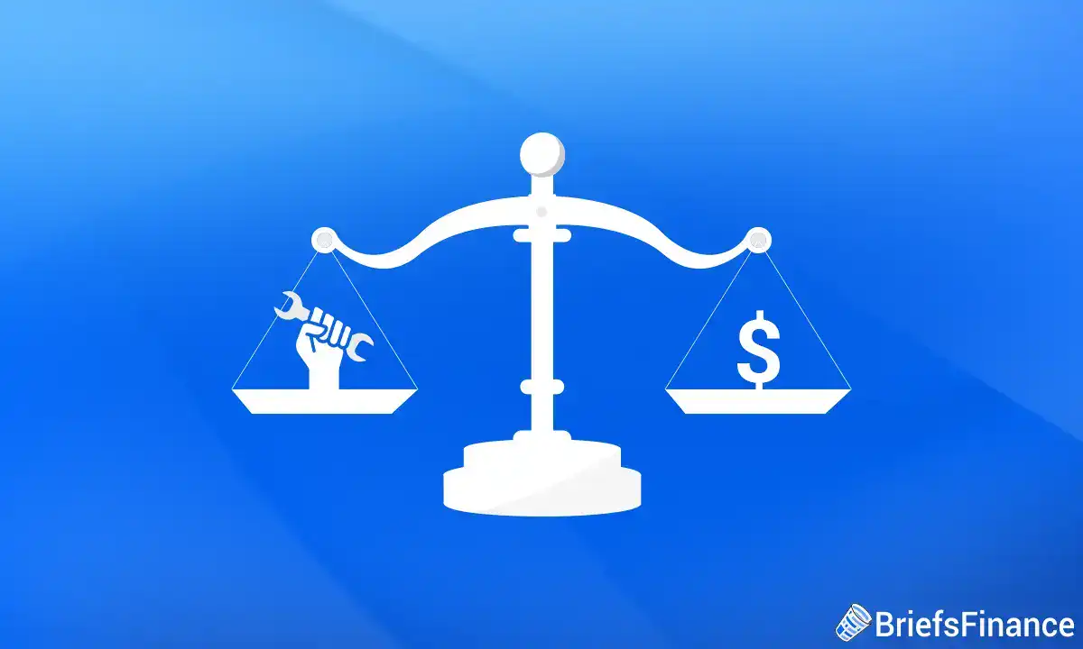 A white balance scale on a blue background with a wrench and fist on one side and a dollar symbol on the other. BriefsFinance logo in the bottom right corner.