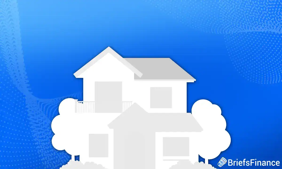 Illustration of a two-story house with trees in front, set against a blue background with abstract patterns. There is a BriefsFinance logo in the bottom right corner.