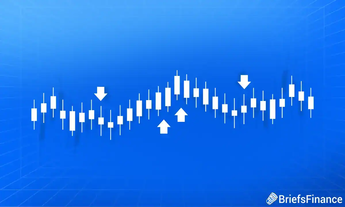A blue candlestick chart with white arrows highlights Tesla’s strong quarter and introduces cheaper models, representing shifting financial market trends.