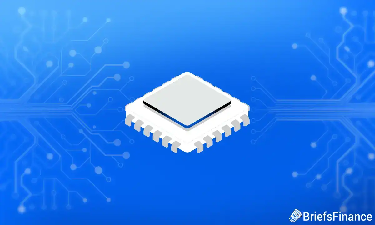 A white microchip on a blue background with circuit patterns, symbolizing the technology powering autonomous vehicles, and the BriefsFinance logo in the bottom right corner.