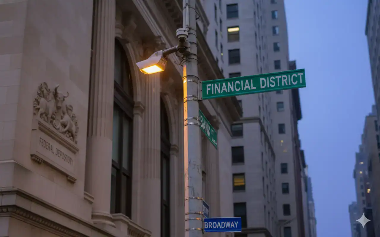 A street pole with signs for Financial District and Broadway stands next to the Federal Reserve Bank building in a city with tall buildings at dusk.