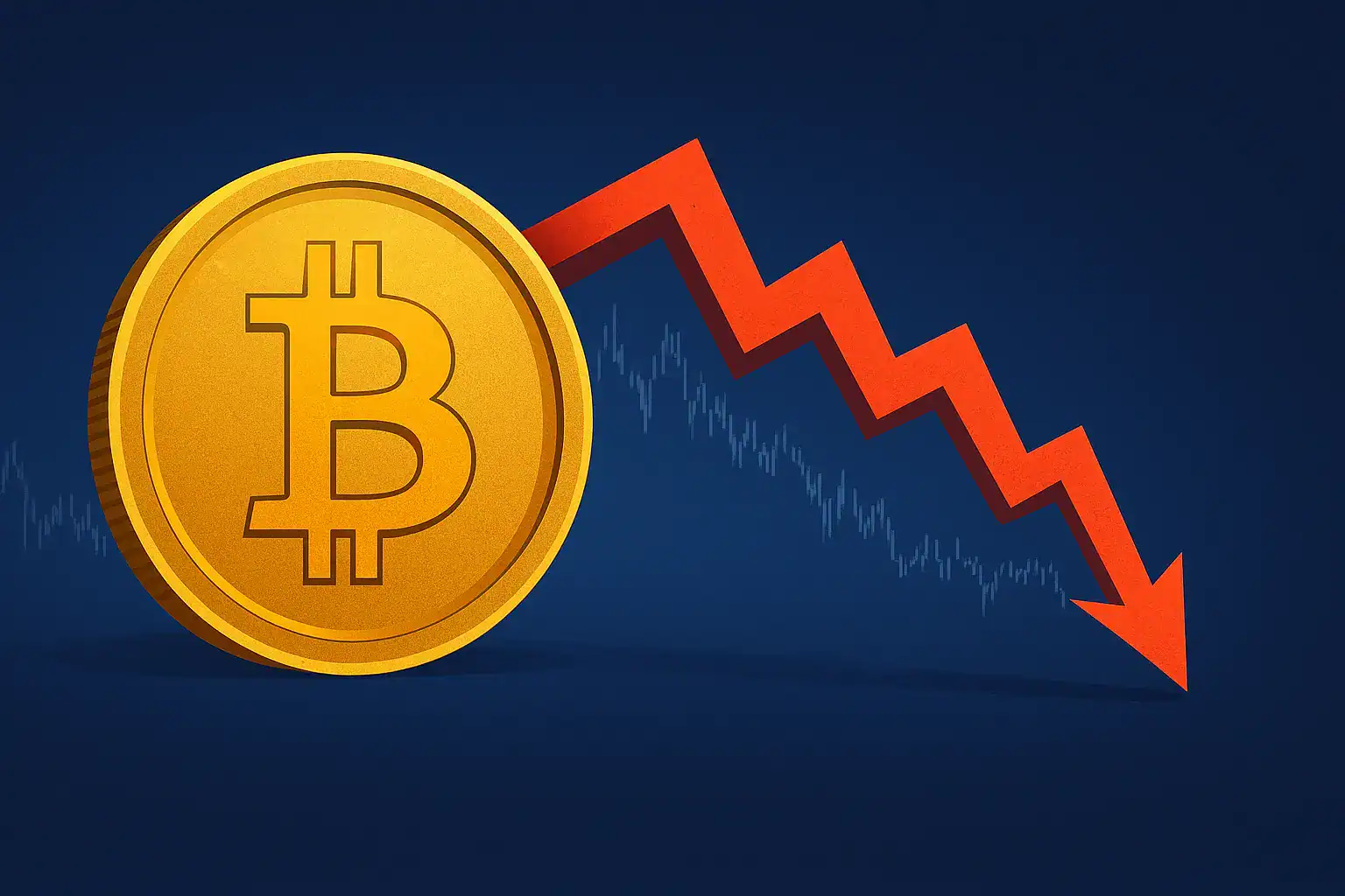 A large gold Bitcoin coin beside a red downward-pointing arrow indicating a decrease in value, reflecting crypto crashes and a $150 billion market slump, with a dark blue background and faint financial chart lines.