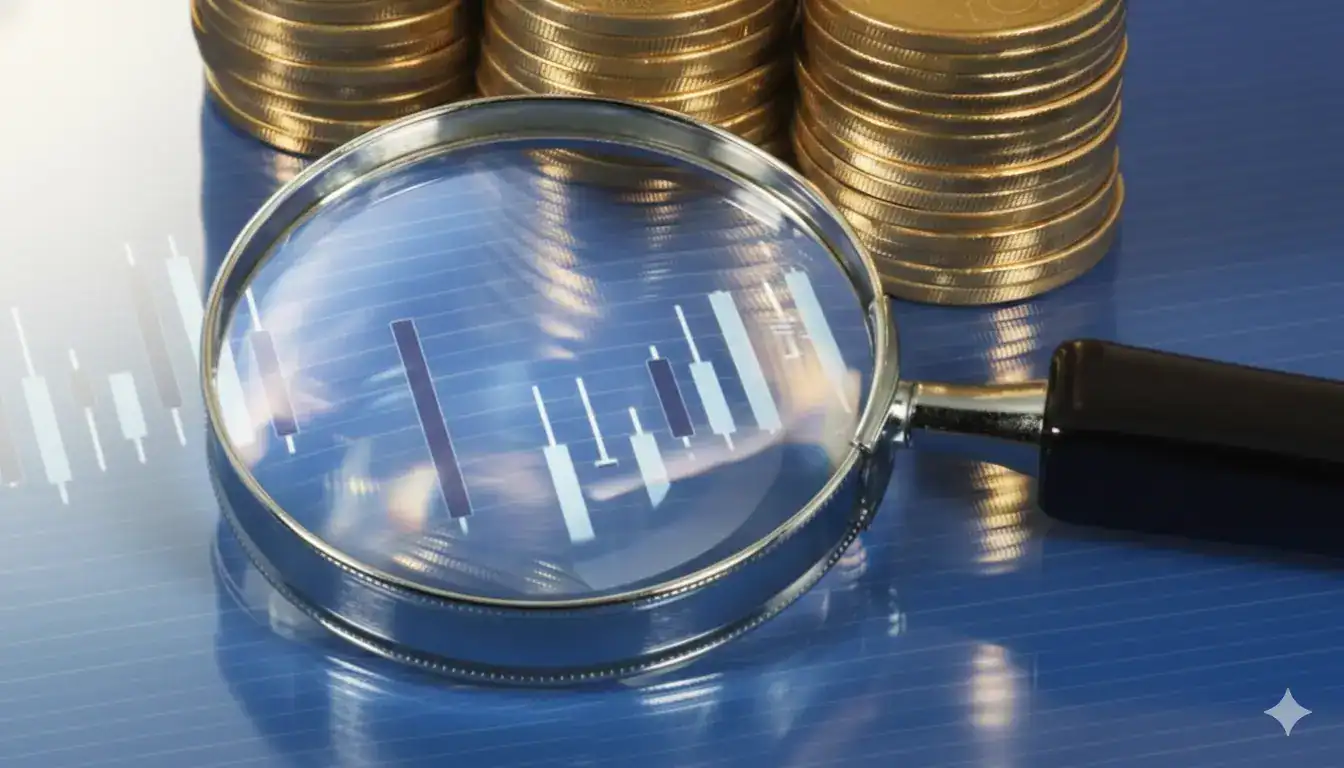 A magnifying glass focuses on a financial candlestick chart with a warning sign, hinting at price prediction uncertainty, while Ethereum coins and stacked gold coins appear in the background.