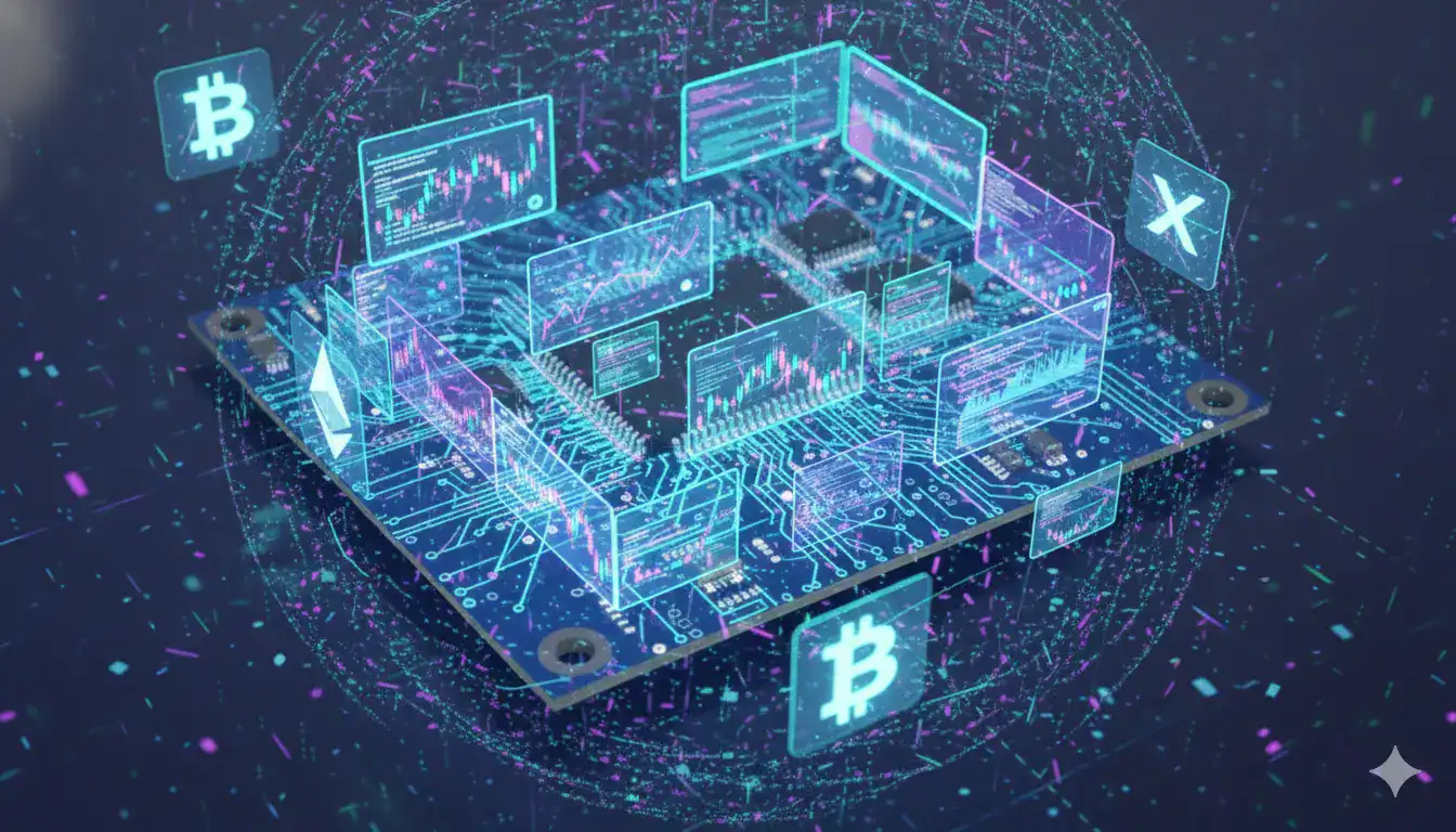 A digital illustration of a computer circuit board with holographic graphs and gold Bitcoin symbols, representing cryptocurrency technology and blockchain data processing.
