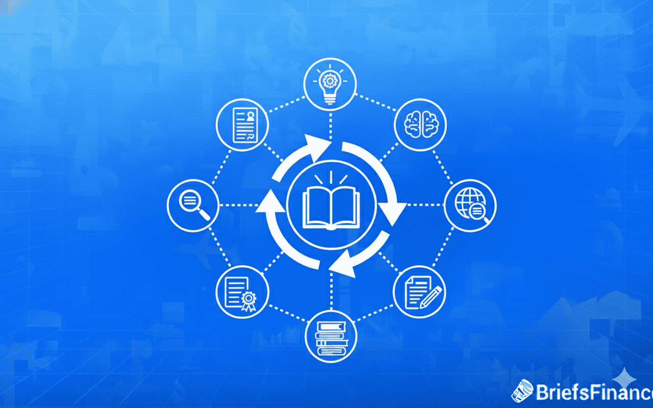 A central open book icon is surrounded by circular icons representing ideas, analysis, documents, learning, and global connections, all linked by arrows on a blue background.