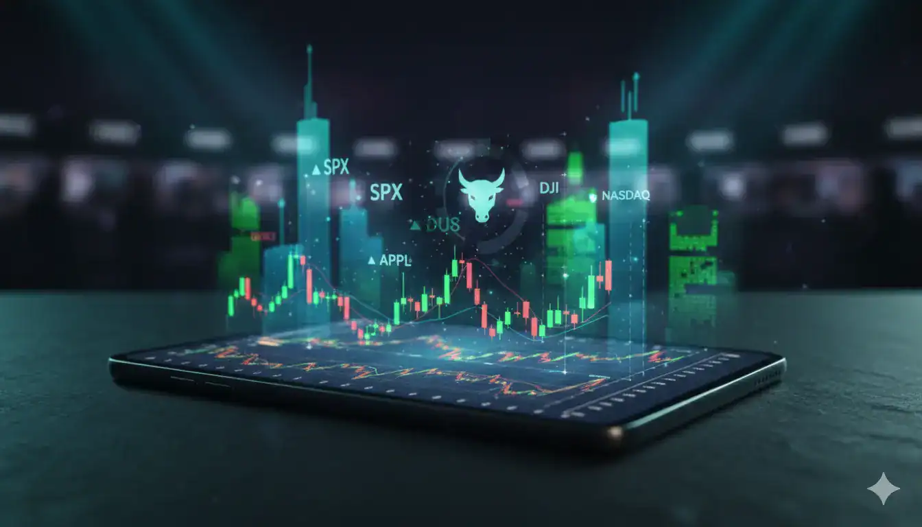 A digital tablet displays a glowing stock market chart, with virtual icons and financial indices like SPX, DJI, NASDAQ, and APPL floating above a cityscape—highlighting how small investors navigate the world of big money.