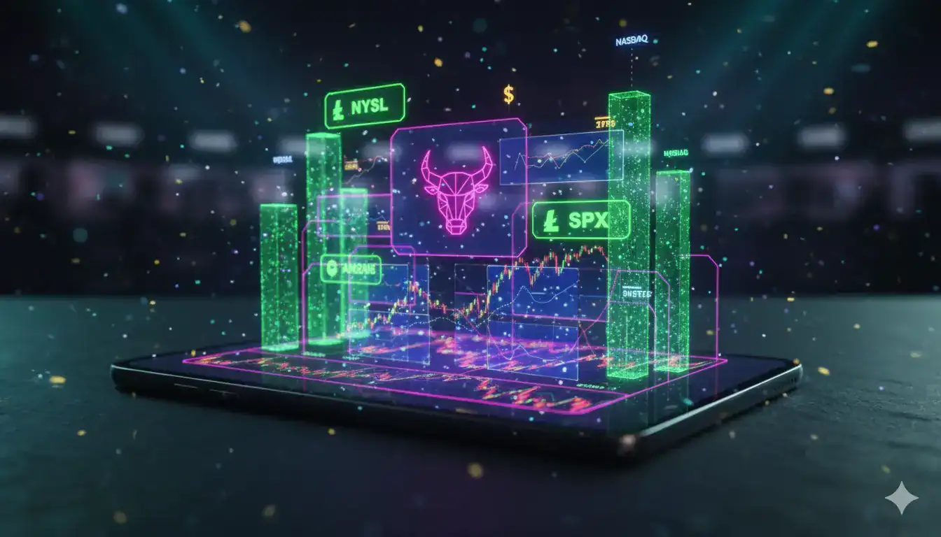 A digital tablet displays holographic stock market graphs and charts, with symbols for NYSE, Dow, SPX, and a neon bull icon, representing a bullish rally in stocks and positive market trends.