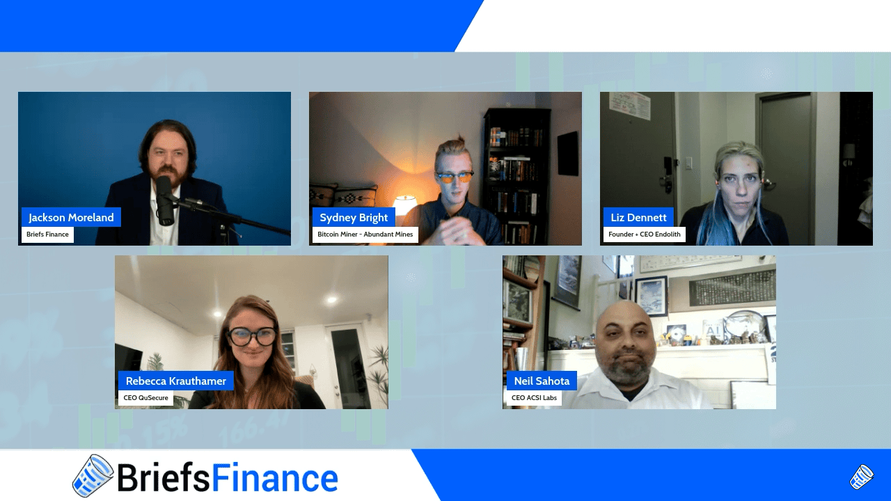 A virtual panel discussion featuring five innovators from different companies, each in their own video frame, engaging in a Briefs Finance online dialogue at the edge of industry trends.