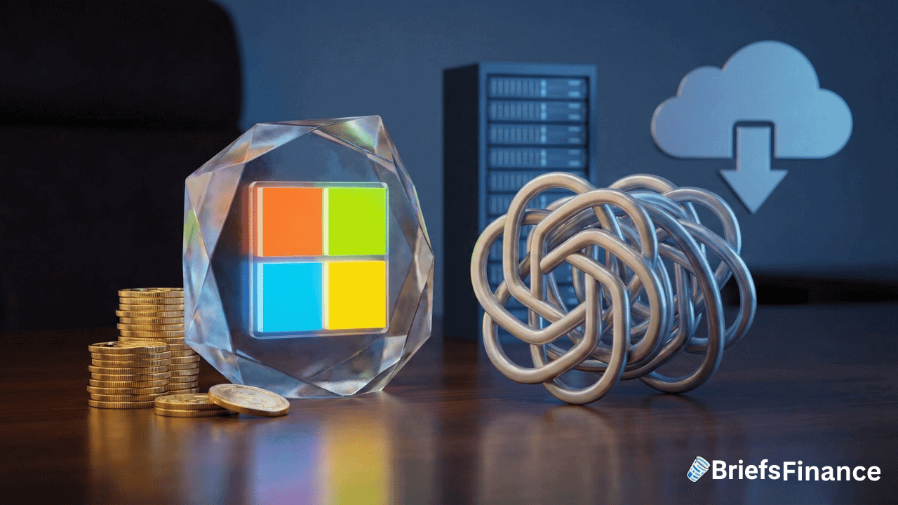 A crystal with the Microsoft logo, stacked coins, a tangled metal shape, a server, and a cloud download icon on a desk highlight Cloud Growth, with the BriefsFinance logo in the corner.