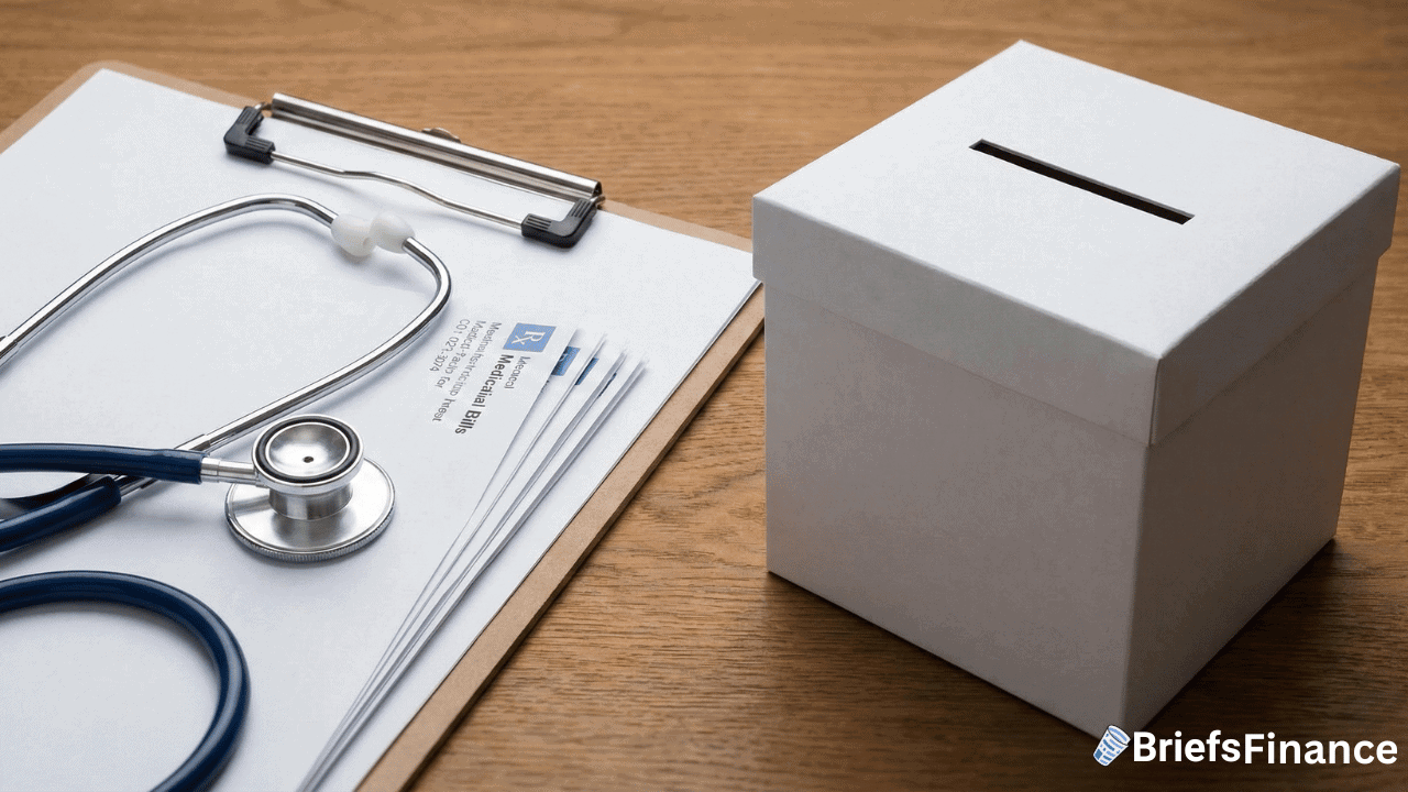 A stethoscope and medical documents rest on a clipboard beside a white donation box on a wooden table, highlighting economic concerns and rising healthcare costs.
