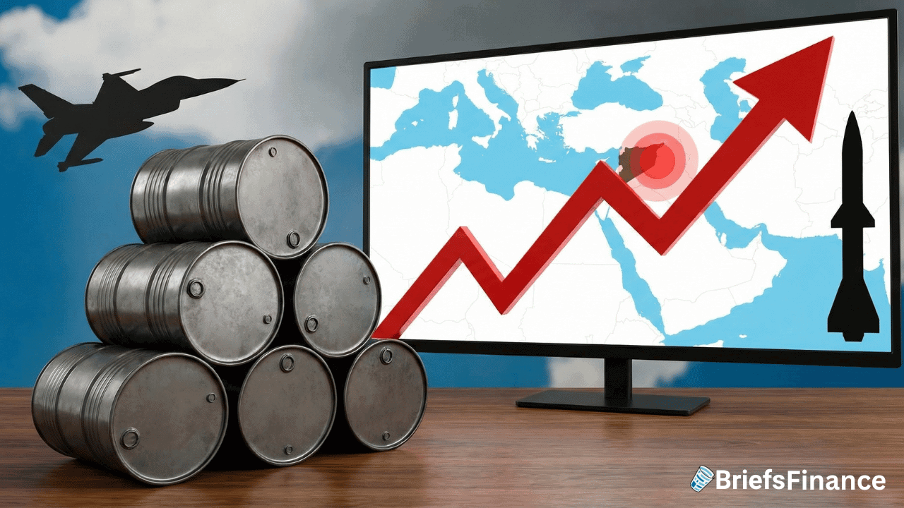 A stack of oil barrels, a rising red graph over a Middle East map on a screen, a fighter jet, and a missile silhouette highlight oil price growth linked to Iran and escalating geopolitical tensions.