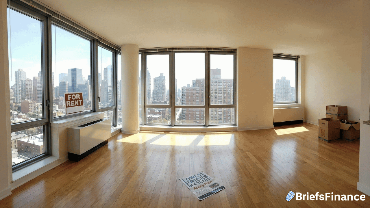 Unfurnished apartment with large windows, hardwood floors, city skyline view, "For Rent" sign, moving boxes, and a flyer on the floor—ideal for those seeking low rent amid rising apartment rents and changing vacancy rates.
