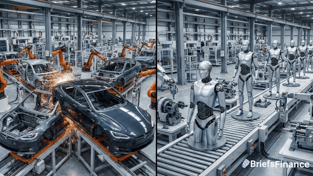 Industrial robots assemble cars, such as the Tesla Model S, on a factory line (left), while humanoid robots are assembled on a separate line (right); both scenes showcase advanced robot manufacturing and automation in industry.