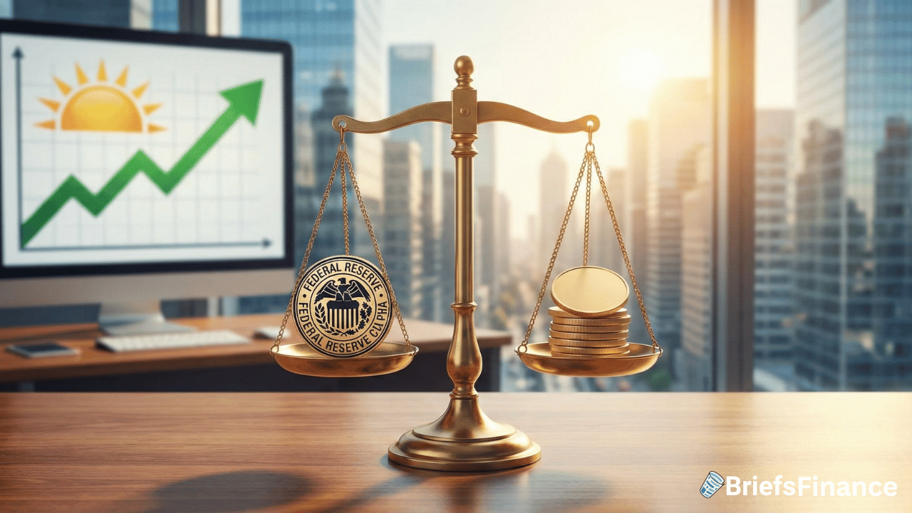 A scale with a Federal Reserve seal and coins sits on an office desk; in the background, a rising graph hints at the economic outlook displayed on a computer screen.