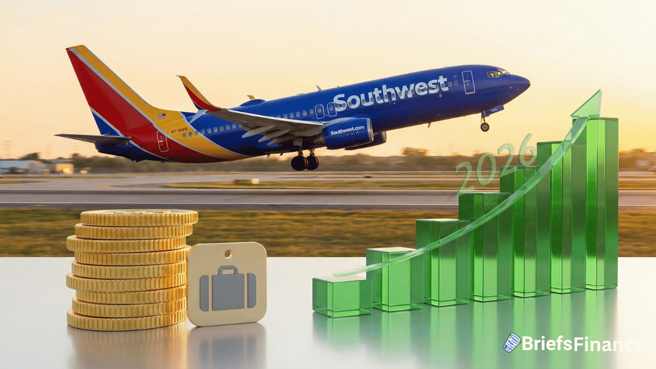 A Southwest Airlines plane takes off at sunset behind stacked coins, a luggage icon, and a rising green bar graph labeled 2026, illustrating financial growth.