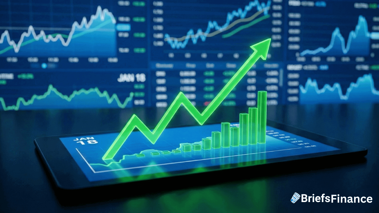 A tablet displays a 3D green upward trending graph, with AI market stock charts shown on large screens in the background. The BriefsFinance logo is in the lower right corner.