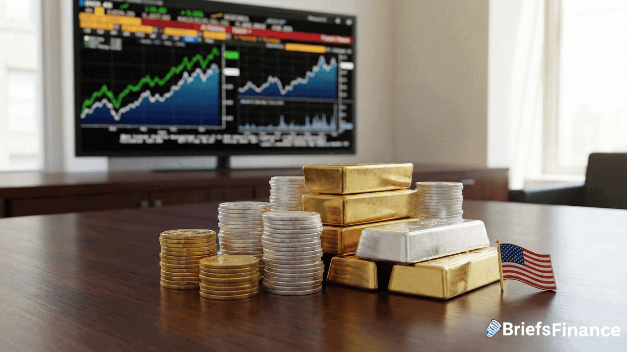 Stacks of gold bars, silver bars, and coin piles are on a wooden table. A small US flag and a TV screen displaying financial charts are in the background.