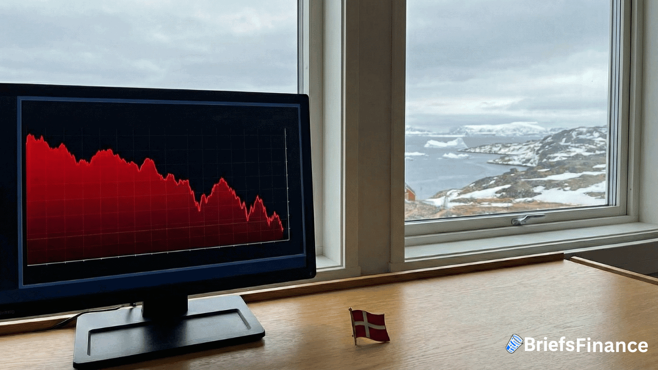 A computer monitor displays a declining stock market chart on a desk near a window overlooking a snowy Greenland landscape, with a small Danish flag on the desk.