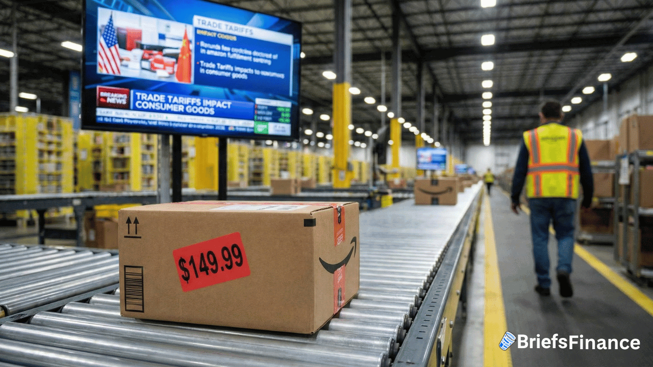 A warehouse worker walks near conveyor belts with packages; a box labeled $149.99 is in the foreground as a TV displays news about Trump's Tariffs impacting consumer goods prices.