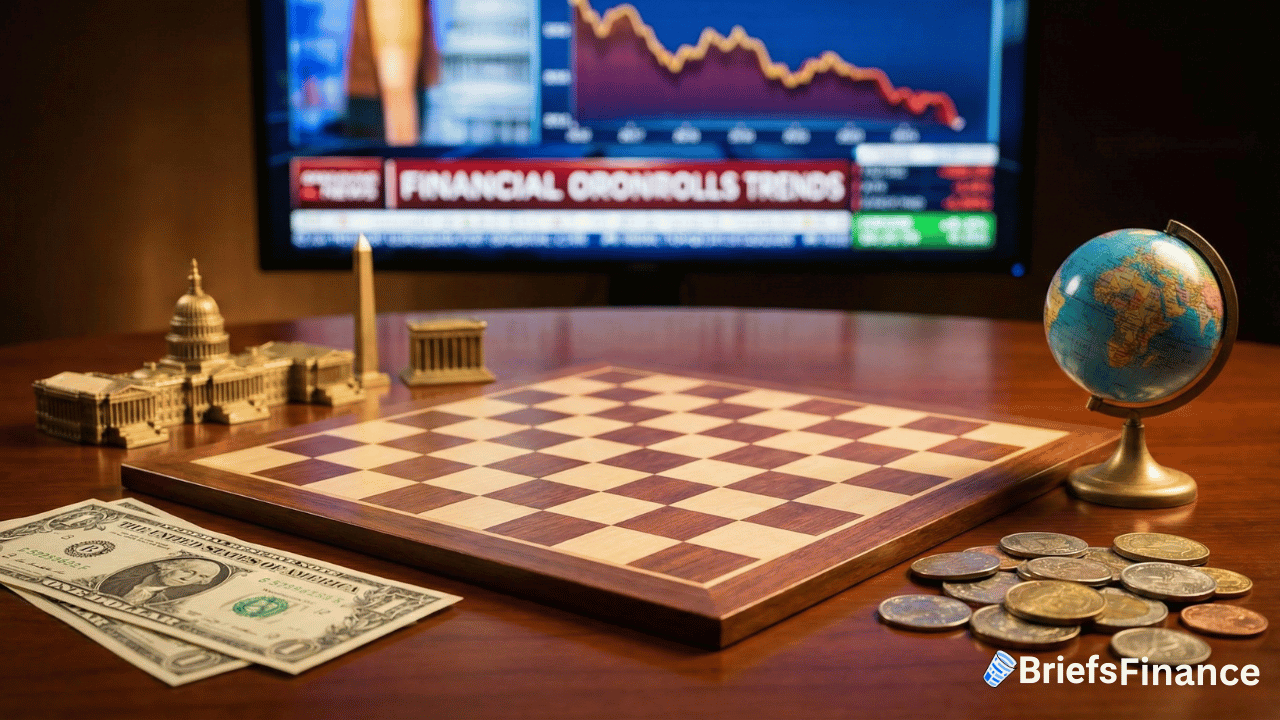 A chessboard is surrounded by US currency, coins, a small globe, and government building models, with a financial news broadcast shown on a screen in the background.