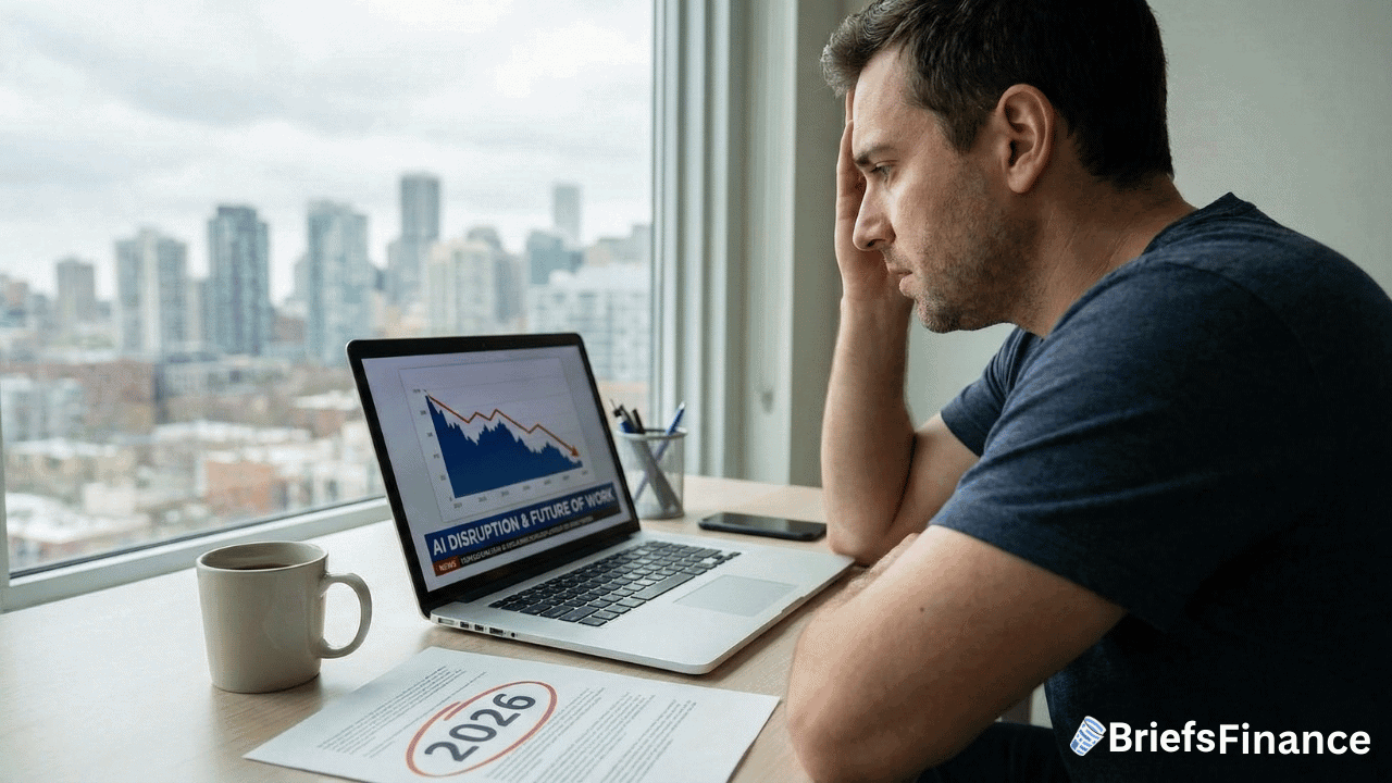 A man sits at a desk, looking concerned at a laptop displaying a declining financial graph—reflecting the growing job market anxiety and AI layoffs; a 2026 report and coffee mug are on the desk.