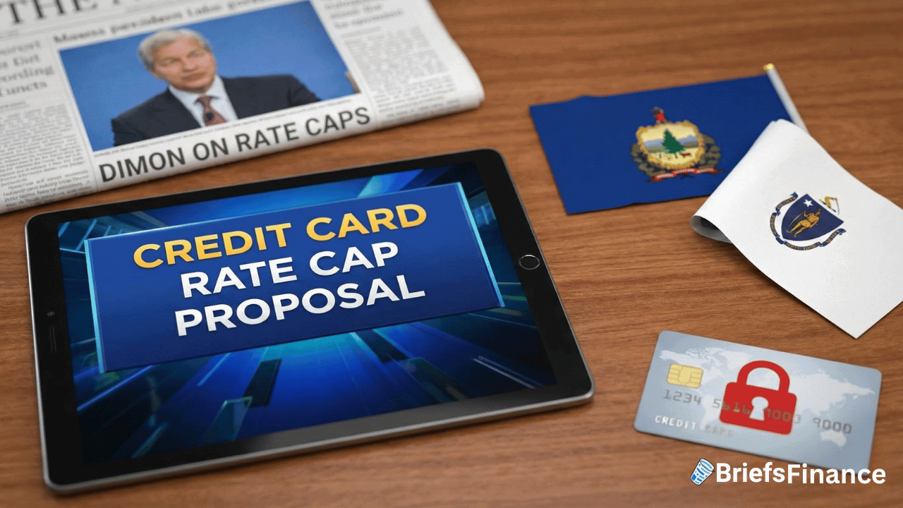 A tablet displays “Credit Card Rate Cap Proposal” on a desk with a newspaper, two state flags, a credit card, and the BriefsFinance logo—highlighting ongoing testing of new policies debated by leaders like Jamie Dimon.