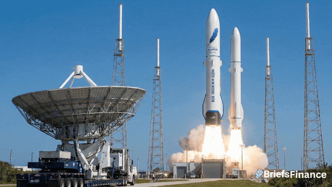 A Blue Origin New Glenn rocket launches from a pad, with a large satellite dish in the foreground and towers surrounding the site.