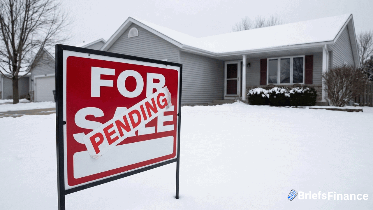 A single-story house with snow on the ground has a "For Sale" sign in front, marked with a "Pending" banner, reflecting December 2026 outlook for pending home sales.