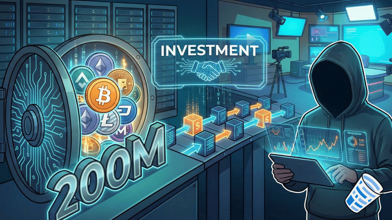 A person in a hoodie uses a tablet in a digital room with cryptocurrency symbols, a vault labeled "200M," an "Investment" sign with a handshake, and references to Beast Industries.