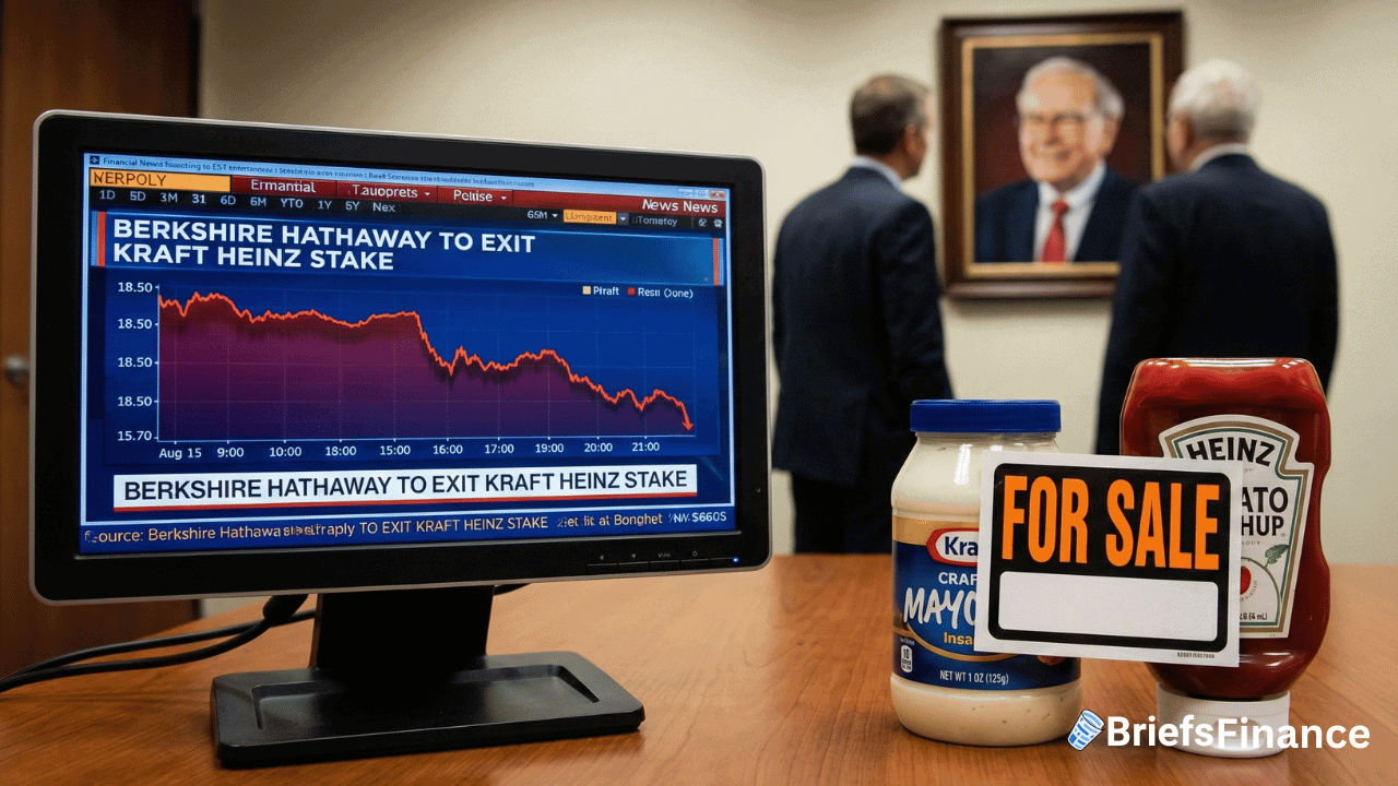 A computer screen shows news of Berkshire Hathaway exiting Kraft Heinz. In the background, two men face a portrait, with mayonnaise and ketchup bottles labeled "For Sale," hinting at new leadership ahead.
