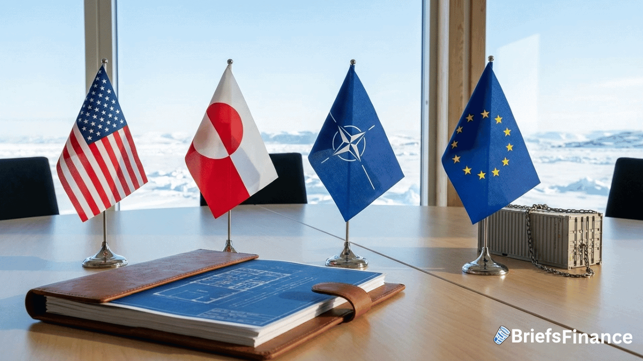 Four small flags—USA, Japan, NATO, and EU—are displayed on a conference table with a folder and a bag, against a snowy outdoor backdrop.