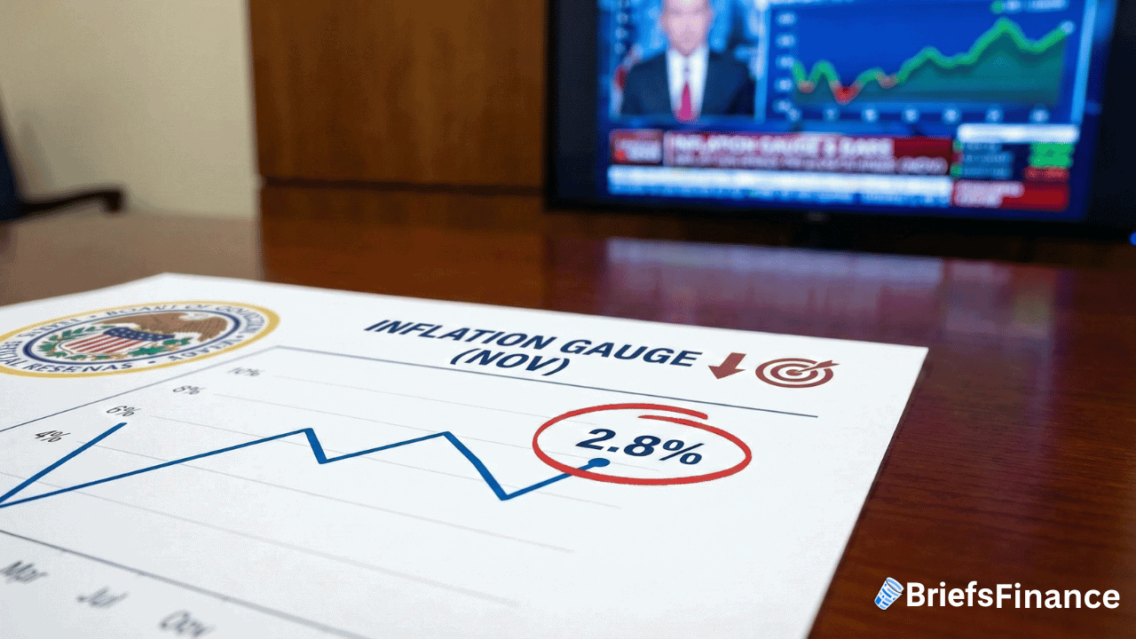 A printed inflation gauge chart showing 2.8% for November is on a table, with a TV displaying financial news and graphs in the background.