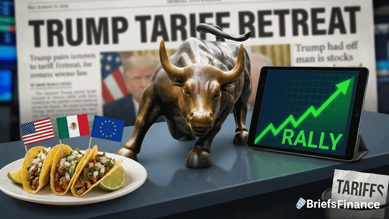 A bull statue, tacos with US, Mexico, and EU flags, a "RALLY" chart on a tablet, and a "Trump Tariff Retreat" headline highlight the Global Market Rally fueled by renewed hopes for smoother TACO Trade between nations.