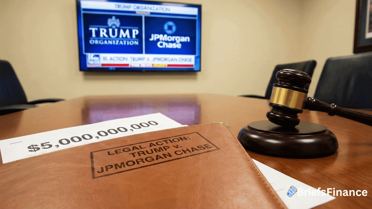 A gavel, legal folder labeled "Legal Action: Trump sues JPMorgan Chase," and $5,000,000,000 document on a table highlight political account closures; TV shows related news headline.