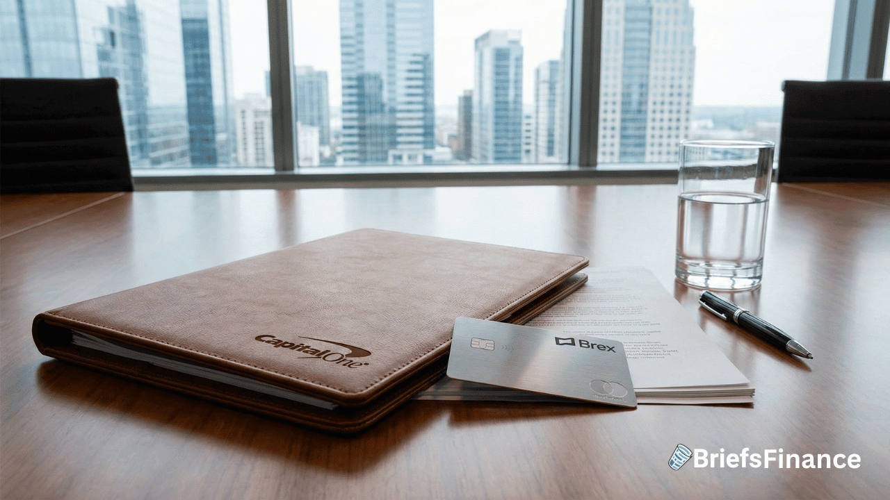 A conference table with a Capital One folder, Brex credit card for payments business, glass of water, pen, and documents, set against a backdrop of city skyscrapers.