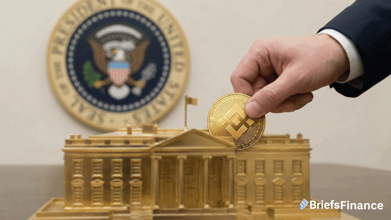 A hand places a Binance coin replica on a model of the White House, with the U.S. presidential seal in the background—hinting at Zhao’s crypto influence near the halls of power.