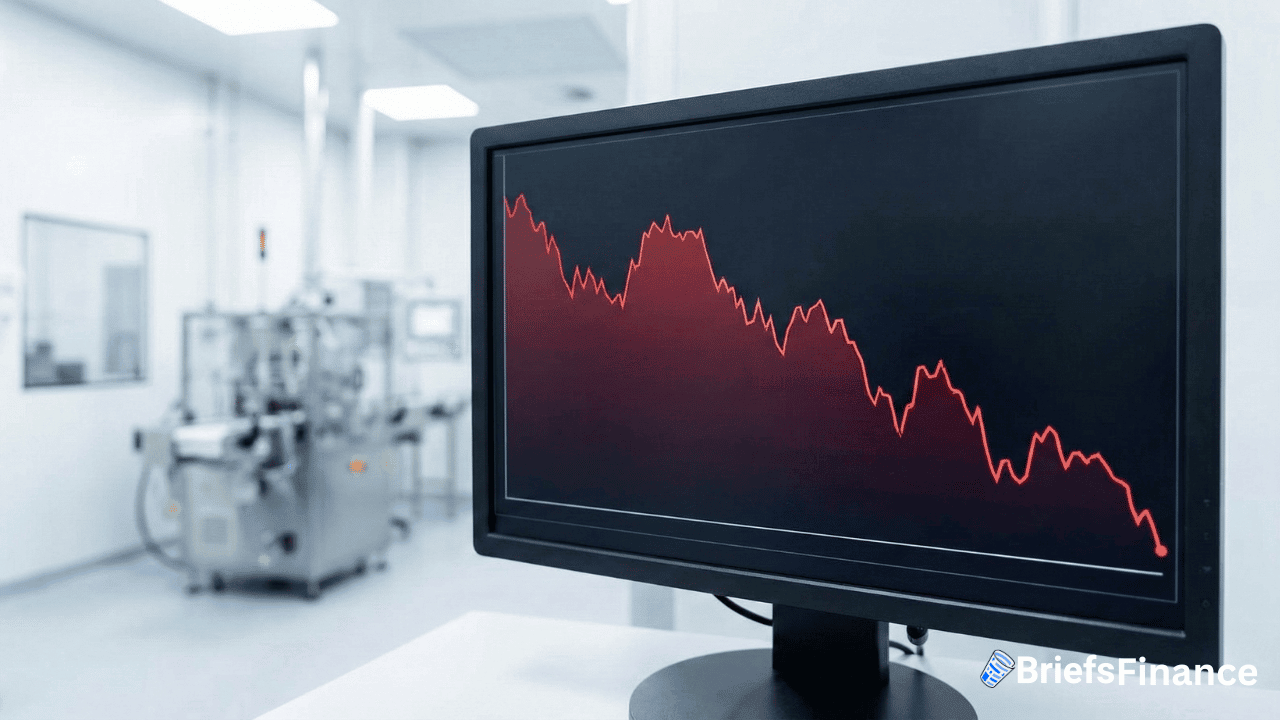A computer monitor in a laboratory displays a downward-trending red line graph, indicating a financial or stock market decline. The BriefsFinance logo is visible in the corner.