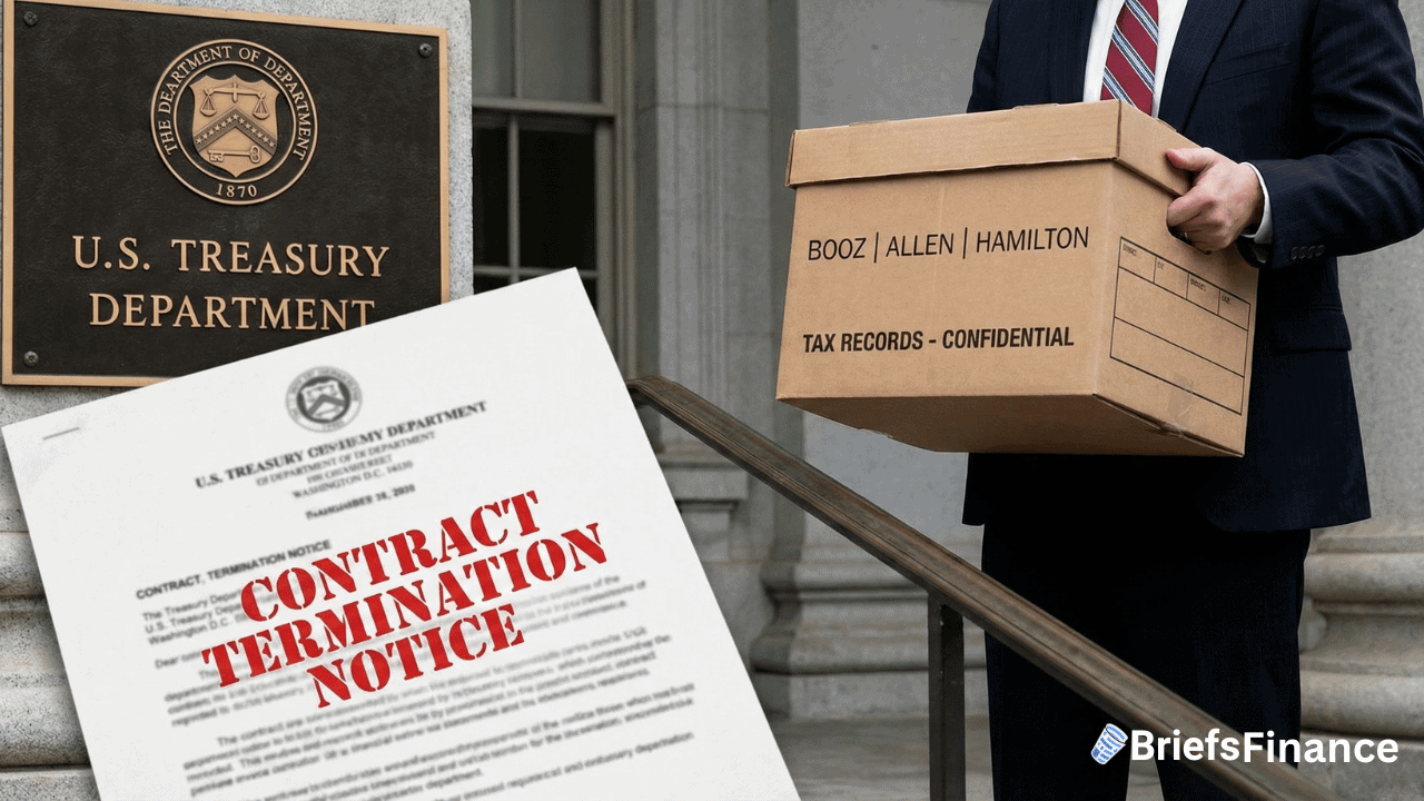A person carries a box labeled "Tax Records - Confidential" outside the Treasury Department; a contract termination notice is in the foreground, suggesting possible ties to a recent data breach.