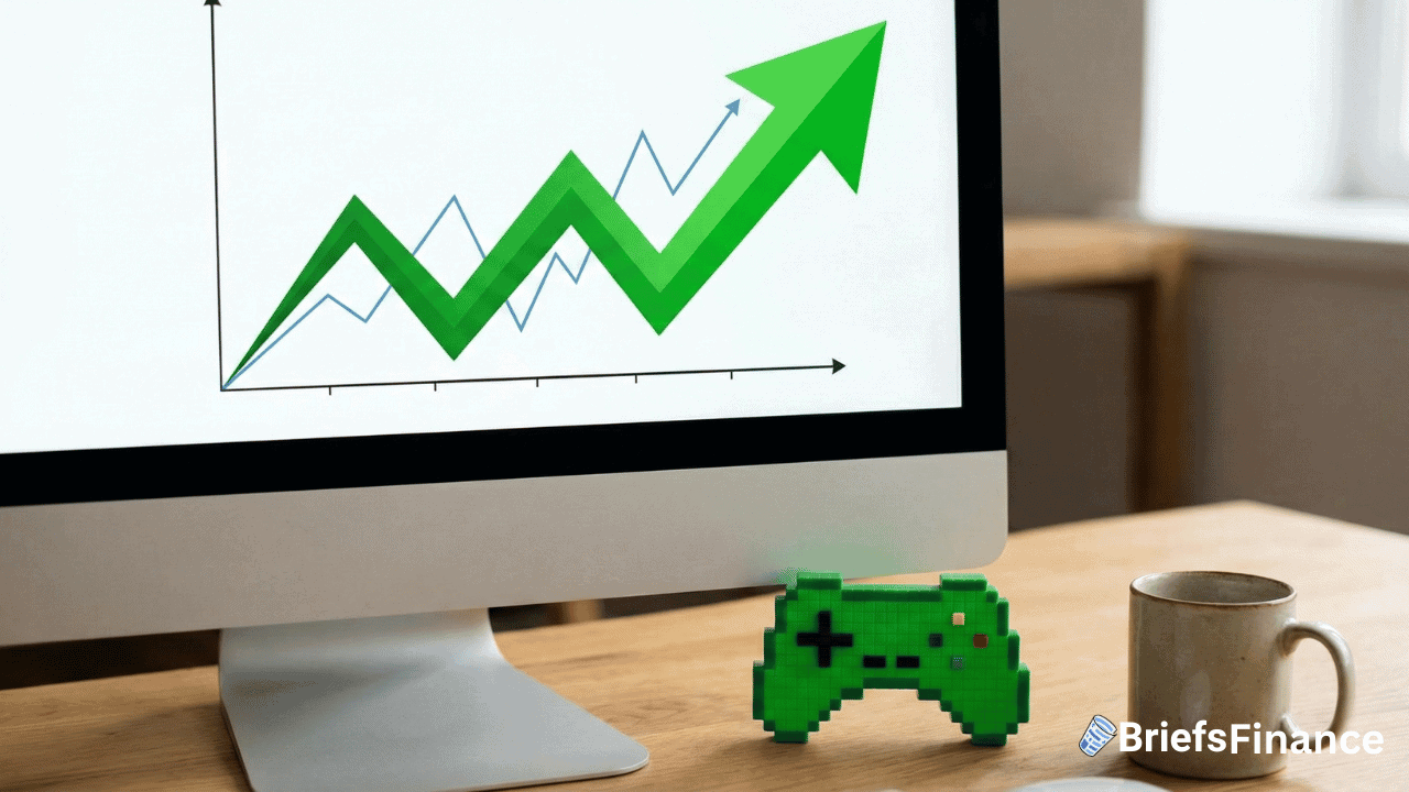 A computer screen displays an upward trending line graph, hinting at recent stock jumps; a green game controller and a coffee cup sit on the desk. The "BriefsFinance" logo appears in the corner, evoking memories of GameStop’s surge.