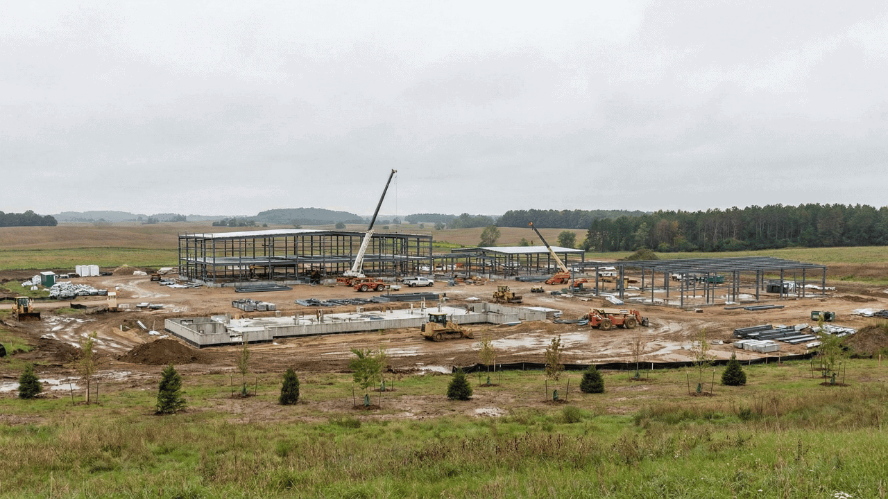 A large construction site with steel frameworks, cranes, and construction vehicles on muddy ground surrounded by fields and trees under an overcast sky.