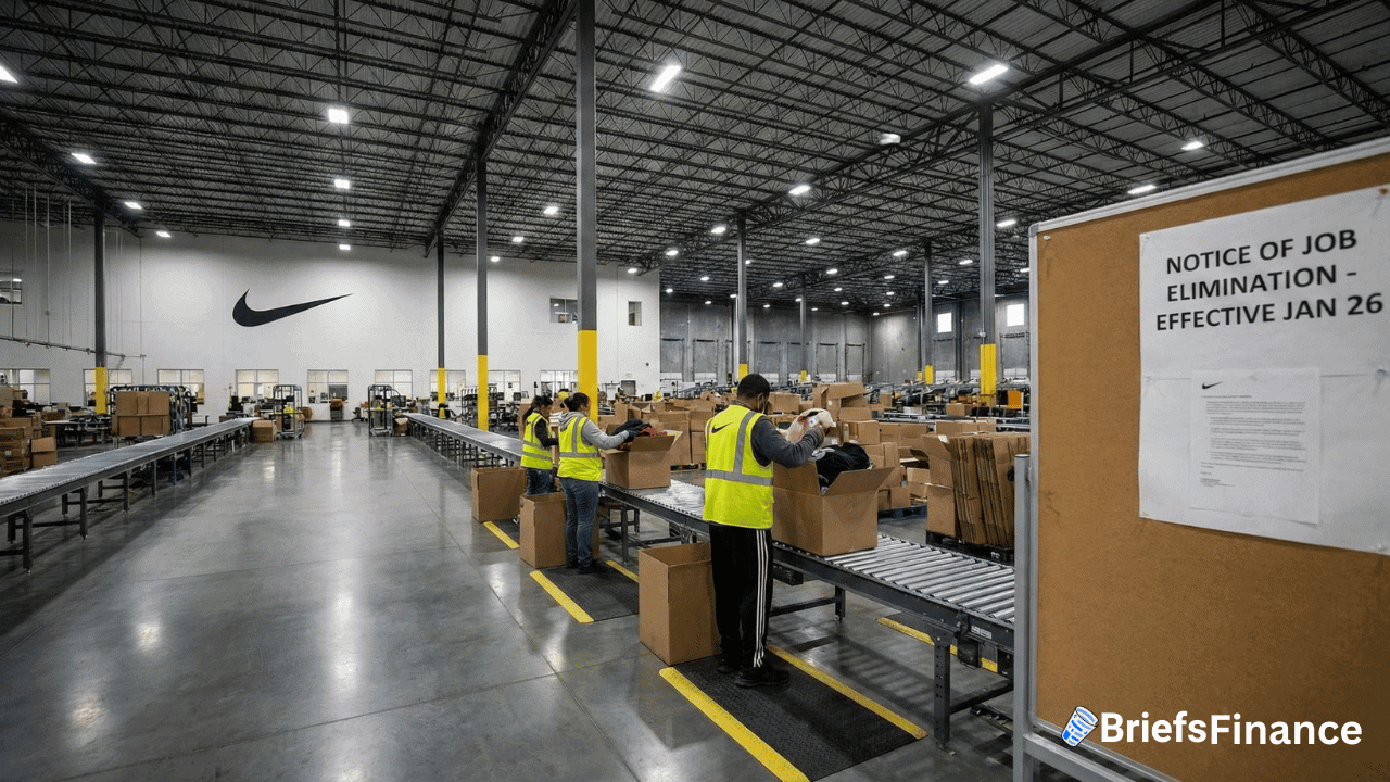 Workers in safety vests pack boxes at a Nike warehouse. A posted notice announces job eliminations to streamline distribution operations, effective January 26.