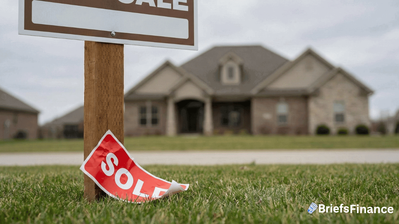 A "Sold" sign lies on the grass in front of a large brick house, hinting at homebuyers’ success. The scene, set under a cloudy sky, reflects the bustling 2017 market where many rushed to secure homes before they could cancel contracts.