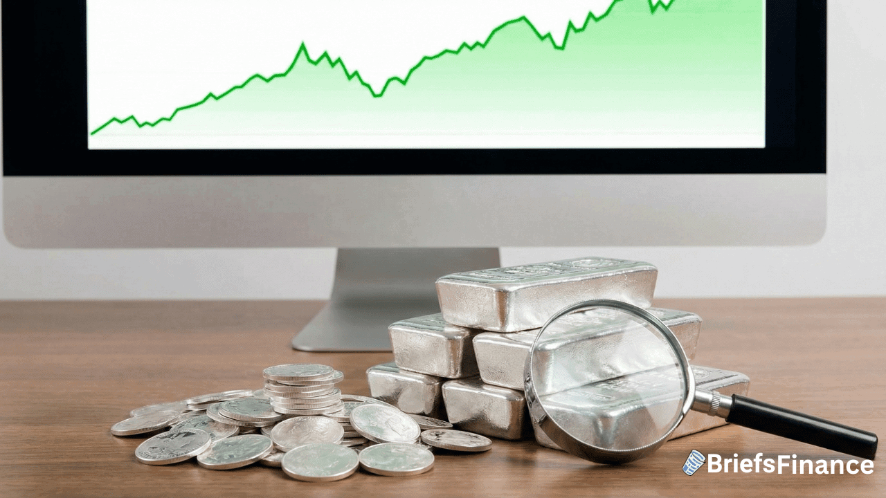 Stacks of silver bars and coins with a magnifying glass on a desk, in front of a computer displaying rising trading volume on a line graph; BriefsFinance logo visible.