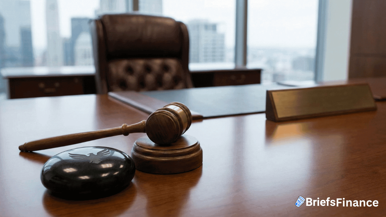 A judge’s gavel and nameplate sit on a wooden desk in a modern office with city buildings visible through the window.