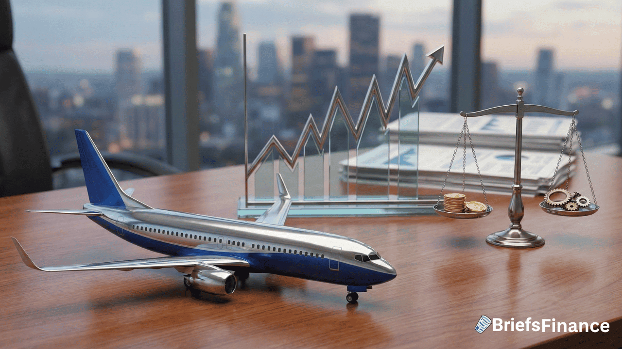 A model airplane, a rising line graph highlighting Boeing Stock, a stack of documents, and a balance scale with coins on an office desk; cityscape visible through the window.