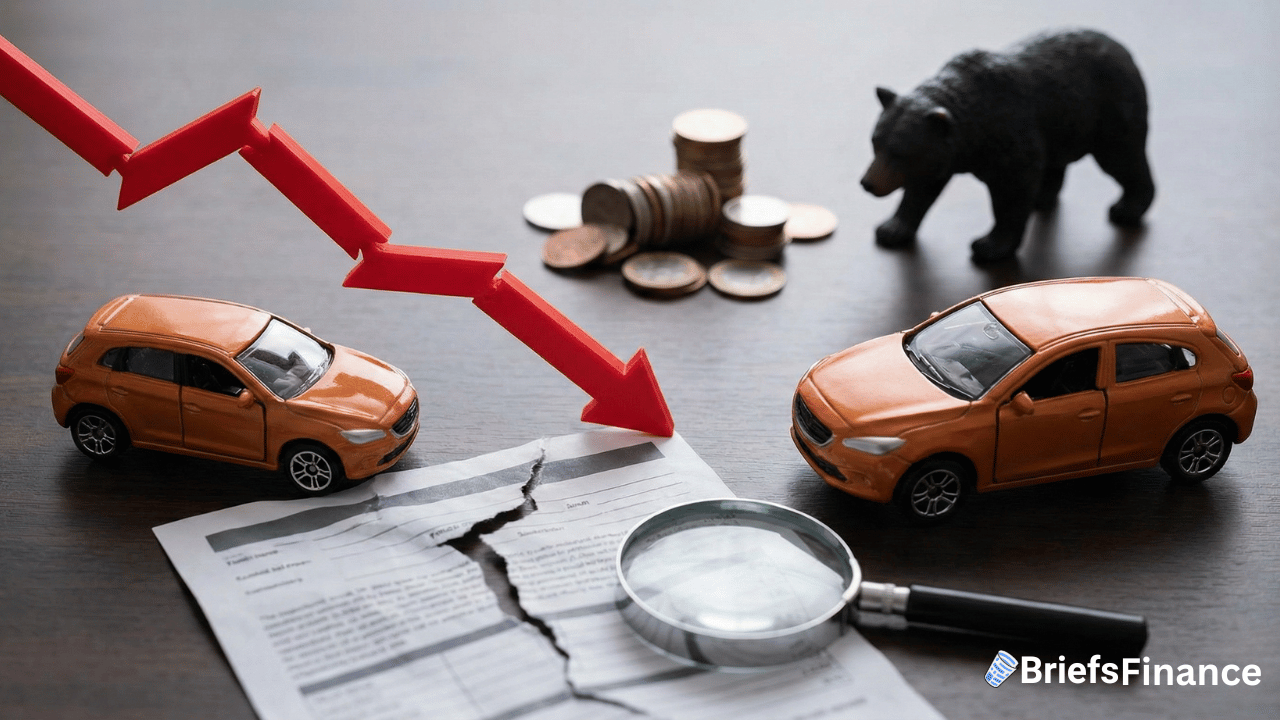 Two toy cars beside a cracked document and magnifying glass, with a red downward arrow, coins, and a bear figure, suggesting financial decline in the auto market.