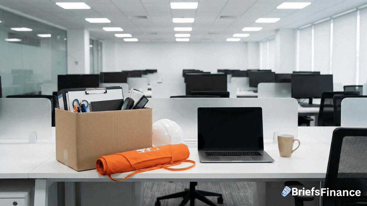 A cardboard box with office supplies, a laptop, mug, hard hat, and orange vest sits on a desk in an empty office—echoing Home Depot layoffs as rows of unoccupied workstations await an uncertain office return.
