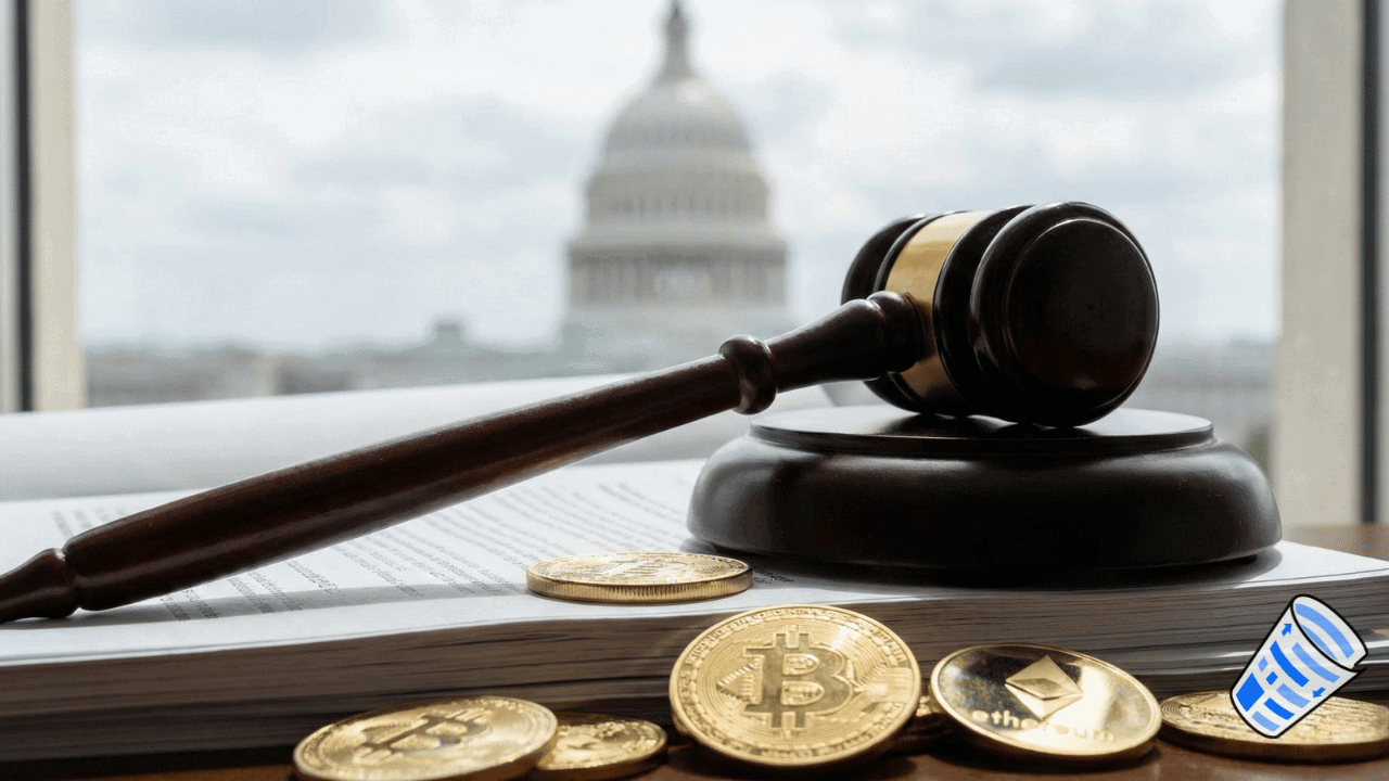 A judge's gavel, legal documents, and assorted cryptocurrency coins are displayed on a desk with the US Capitol building in the background, hinting at ongoing negotiations over a new Crypto bill.