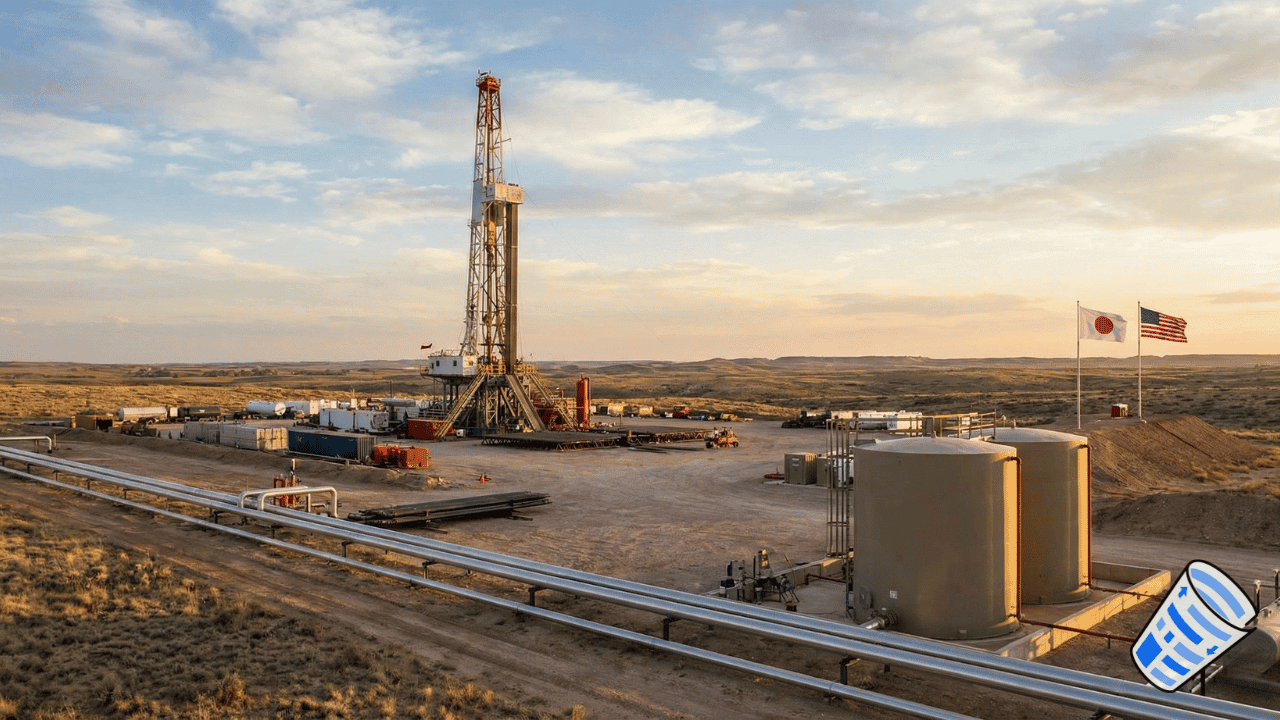 An oil drilling rig operates at a worksite in a flat, rural landscape, with storage tanks, equipment, and Japanese and U.S. flags visible—signaling Mitsubishi’s involvement in a recent U.S. shale gas acquisition.